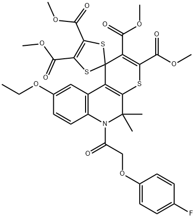 tetramethyl 9'-ethoxy-6'-[(4-fluorophenoxy)acetyl]-5',5'-dimethyl-5',6'-dihydrospiro[1,3-dithiole-2,1'-(1'H)-thiopyrano[2,3-c]quinoline]-2',3',4,5-tetracarboxylate Struktur