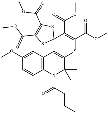 tetramethyl 6-butanoyl-5,5-dimethyl-9-(methyloxy)-5,6-dihydrospiro(1H-thiopyrano[2,3-c]quinoline-1,2'-[1,3]-dithiole)-2,3,4',5'-tetracarboxylate Struktur