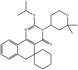 3-(2,2-dimethyltetrahydro-2H-pyran-4-yl)-2-(isopropylsulfanyl)-5,6-dihydrospiro(benzo[h]quinazoline-5,1'-cyclohexane)-4(3H)-one Struktur