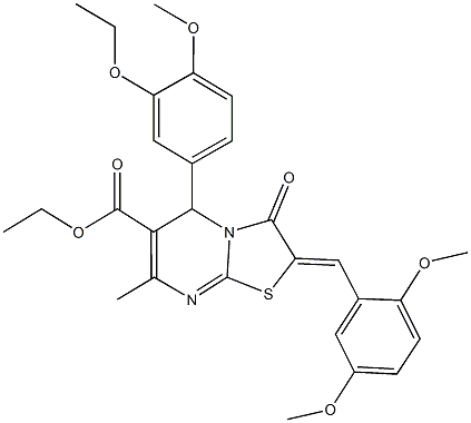 ethyl 2-(2,5-dimethoxybenzylidene)-5-(3-ethoxy-4-methoxyphenyl)-7-methyl-3-oxo-2,3-dihydro-5H-[1,3]thiazolo[3,2-a]pyrimidine-6-carboxylate Struktur