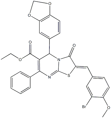 ethyl 5-(1,3-benzodioxol-5-yl)-2-(3-bromo-4-methoxybenzylidene)-3-oxo-7-phenyl-2,3-dihydro-5H-[1,3]thiazolo[3,2-a]pyrimidine-6-carboxylate Struktur