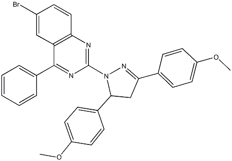 2-[3,5-bis(4-methoxyphenyl)-4,5-dihydro-1H-pyrazol-1-yl]-6-bromo-4-phenylquinazoline Struktur
