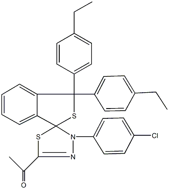 1-[4'-(4-chlorophenyl)-1,1-bis(4-ethylphenyl)-1,3,4',5'-tetrahydrospiro(2-benzothiophene-3,5'-[1,3,4]-thiadiazole)-2-yl]ethanone Struktur
