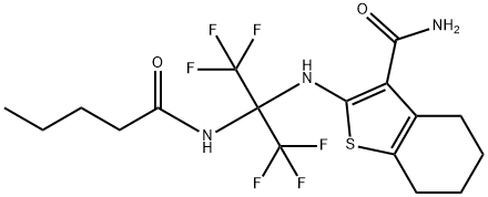 2-{[2,2,2-trifluoro-1-(pentanoylamino)-1-(trifluoromethyl)ethyl]amino}-4,5,6,7-tetrahydro-1-benzothiophene-3-carboxamide Struktur