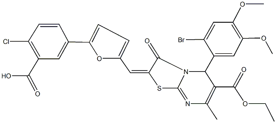 5-{5-[(5-(2-bromo-4,5-dimethoxyphenyl)-6-(ethoxycarbonyl)-7-methyl-3-oxo-5H-[1,3]thiazolo[3,2-a]pyrimidin-2(3H)-ylidene)methyl]-2-furyl}-2-chlorobenzoic acid Struktur