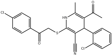 5-acetyl-4-(2-chlorophenyl)-2-{[2-(4-chlorophenyl)-2-oxoethyl]sulfanyl}-6-methyl-1,4-dihydro-3-pyridinecarbonitrile Struktur