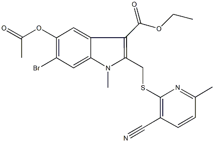 ethyl 5-(acetyloxy)-6-bromo-2-{[(3-cyano-6-methyl-2-pyridinyl)sulfanyl]methyl}-1-methyl-1H-indole-3-carboxylate Struktur