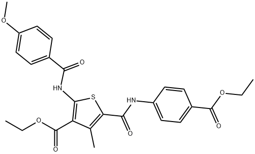 ethyl 5-{[4-(ethoxycarbonyl)anilino]carbonyl}-2-[(4-methoxybenzoyl)amino]-4-methyl-3-thiophenecarboxylate Struktur