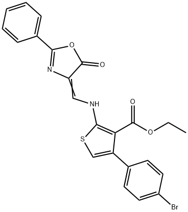 ethyl 4-(4-bromophenyl)-2-{[(5-oxo-2-phenyl-1,3-oxazol-4(5H)-ylidene)methyl]amino}-3-thiophenecarboxylate Struktur