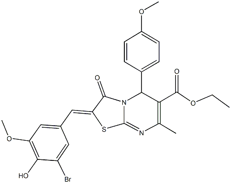 ethyl 2-(3-bromo-4-hydroxy-5-methoxybenzylidene)-5-(4-methoxyphenyl)-7-methyl-3-oxo-2,3-dihydro-5H-[1,3]thiazolo[3,2-a]pyrimidine-6-carboxylate Struktur