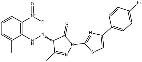1-[4-(4-bromophenyl)-1,3-thiazol-2-yl]-3-methyl-1H-pyrazole-4,5-dione 4-({2-nitro-6-methylphenyl}hydrazone) Struktur