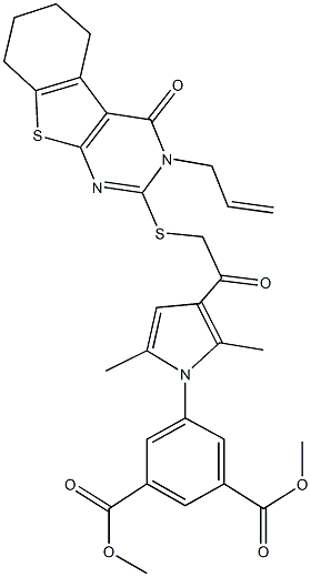dimethyl 5-(3-{[(3-allyl-4-oxo-3,4,5,6,7,8-hexahydro[1]benzothieno[2,3-d]pyrimidin-2-yl)sulfanyl]acetyl}-2,5-dimethyl-1H-pyrrol-1-yl)isophthalate Struktur