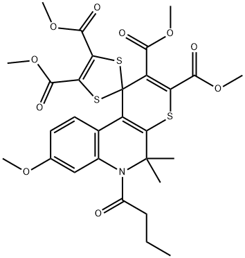 tetramethyl 6'-butyryl-8'-methoxy-5',5'-dimethyl-5',6'-dihydrospiro[1,3-dithiole-2,1'-(1'H)-thiopyrano[2,3-c]quinoline]-2',3',4,5-tetracarboxylate Struktur