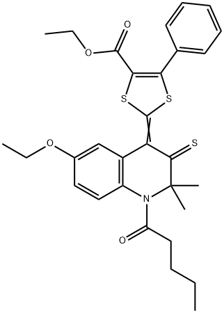 ethyl 2-(6-ethoxy-2,2-dimethyl-1-pentanoyl-3-thioxo-2,3-dihydro-4(1H)-quinolinylidene)-5-phenyl-1,3-dithiole-4-carboxylate Struktur