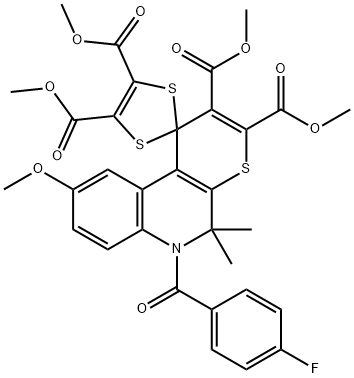 tetramethyl 6'-(4-fluorobenzoyl)-9'-methoxy-5',5'-dimethyl-5',6'-dihydrospiro[1,3-dithiole-2,1'-(1'H)-thiopyrano[2,3-c]quinoline]-2',3',4,5-tetracarboxylate Struktur