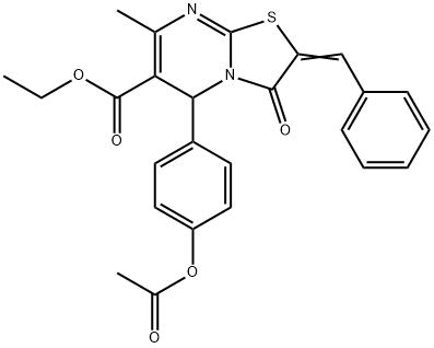 ethyl 5-[4-(acetyloxy)phenyl]-2-benzylidene-7-methyl-3-oxo-2,3-dihydro-5H-[1,3]thiazolo[3,2-a]pyrimidine-6-carboxylate Struktur