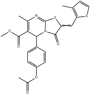 methyl 5-[4-(acetyloxy)phenyl]-7-methyl-2-[(3-methyl-2-thienyl)methylene]-3-oxo-2,3-dihydro-5H-[1,3]thiazolo[3,2-a]pyrimidine-6-carboxylate Struktur