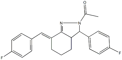 2-acetyl-7-(4-fluorobenzylidene)-3-(4-fluorophenyl)-3,3a,4,5,6,7-hexahydro-2H-indazole Struktur
