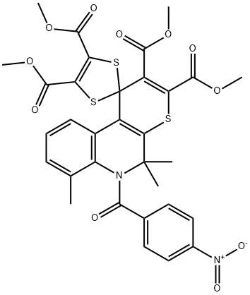 tetramethyl 5',5',7'-trimethyl-6'-(4-nitrobenzoyl)-5',6'-dihydrospiro[1,3-dithiole-2,1'-(1'H)-thiopyrano[2,3-c]quinoline]-2',3',4,5-tetracarboxylate Struktur