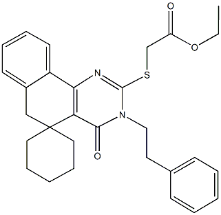 ethyl {[4-oxo-3-(2-phenylethyl)-3,4,5,6-tetrahydrospiro(benzo[h]quinazoline-5,1'-cyclohexane)-2-yl]sulfanyl}acetate Struktur