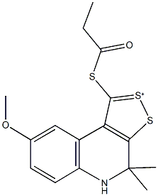 8-methoxy-4,4-dimethyl-1-(propionylsulfanyl)-4H,5H-[1,2]dithiolo[3,4-c]quinolin-2-ium Struktur