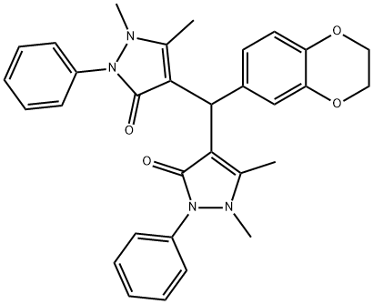 4-[2,3-dihydro-1,4-benzodioxin-6-yl(1,5-dimethyl-3-oxo-2-phenyl-2,3-dihydro-1H-pyrazol-4-yl)methyl]-1,5-dimethyl-2-phenyl-1,2-dihydro-3H-pyrazol-3-one Struktur