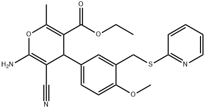 ethyl 6-amino-5-cyano-4-{4-methoxy-3-[(2-pyridinylsulfanyl)methyl]phenyl}-2-methyl-4H-pyran-3-carboxylate Struktur