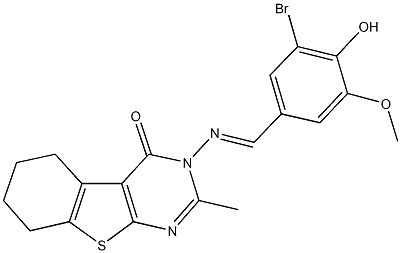 3-[(3-bromo-4-hydroxy-5-methoxybenzylidene)amino]-2-methyl-5,6,7,8-tetrahydro[1]benzothieno[2,3-d]pyrimidin-4(3H)-one Struktur