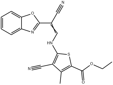 ethyl 5-{[2-(1,3-benzoxazol-2-yl)-2-cyanovinyl]amino}-4-cyano-3-methyl-2-thiophenecarboxylate Struktur