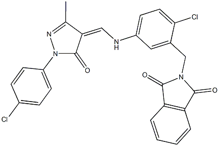 2-[2-chloro-5-({[1-(4-chlorophenyl)-3-methyl-5-oxo-1,5-dihydro-4H-pyrazol-4-ylidene]methyl}amino)benzyl]-1H-isoindole-1,3(2H)-dione Struktur