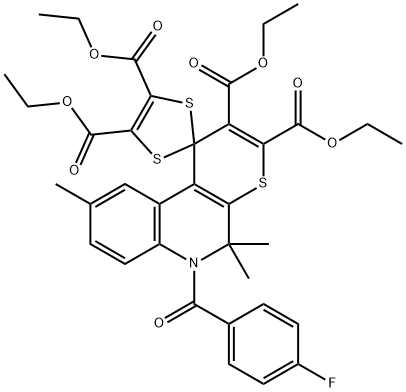 tetraethyl 6-(4-fluorobenzoyl)-5,5,9-trimethyl-5,6-dihydrospiro(1H-thiopyrano[2,3-c]quinoline-1,2'-1,3-dithiole)-2,3,4',5'-tetracarboxylate Struktur