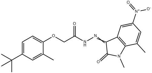 2-(4-tert-butyl-2-methylphenoxy)-N'-{5-nitro-1,7-dimethyl-2-oxo-1,2-dihydro-3H-indol-3-ylidene}acetohydrazide Struktur
