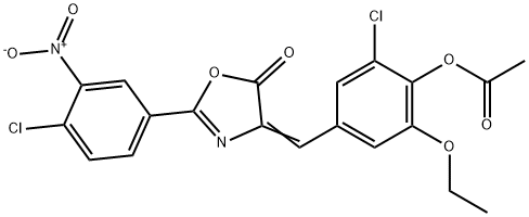 2-chloro-4-[(2-{4-chloro-3-nitrophenyl}-5-oxo-1,3-oxazol-4(5H)-ylidene)methyl]-6-ethoxyphenyl acetate Struktur