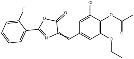 2-chloro-6-ethoxy-4-[(2-(2-fluorophenyl)-5-oxo-1,3-oxazol-4(5H)-ylidene)methyl]phenyl acetate Struktur