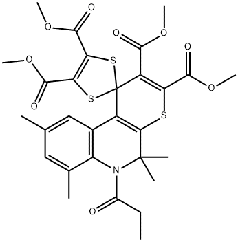 tetramethyl 5,5,7,9-tetramethyl-6-propionyl-5,6-dihydrospiro(1H-thiopyrano[2,3-c]quinoline-1,2'-[1,3]-dithiole)-2,3,4',5'-tetracarboxylate Struktur