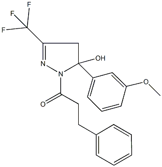 5-(3-methoxyphenyl)-1-(3-phenylpropanoyl)-3-(trifluoromethyl)-4,5-dihydro-1H-pyrazol-5-ol Struktur