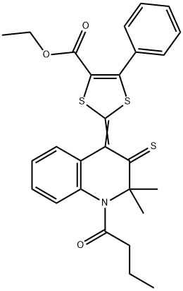 ethyl 2-(1-butyryl-2,2-dimethyl-3-thioxo-2,3-dihydro-4(1H)-quinolinylidene)-5-phenyl-1,3-dithiole-4-carboxylate Struktur