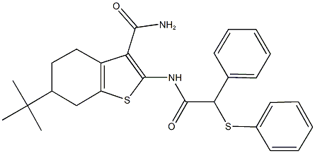 6-tert-butyl-2-{[phenyl(phenylsulfanyl)acetyl]amino}-4,5,6,7-tetrahydro-1-benzothiophene-3-carboxamide Struktur
