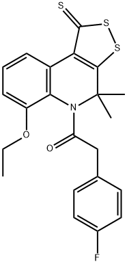 6-ethoxy-5-[(4-fluorophenyl)acetyl]-4,4-dimethyl-4,5-dihydro-1H-[1,2]dithiolo[3,4-c]quinoline-1-thione Struktur