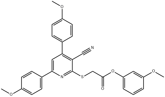 3-methoxyphenyl {[3-cyano-4,6-bis(4-methoxyphenyl)-2-pyridinyl]sulfanyl}acetate Struktur