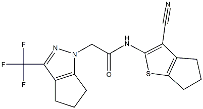 N-(3-cyano-5,6-dihydro-4H-cyclopenta[b]thien-2-yl)-2-(3-(trifluoromethyl)-5,6-dihydrocyclopenta[c]pyrazol-1(4H)-yl)acetamide Struktur