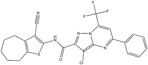 3-chloro-N-(3-cyano-5,6,7,8-tetrahydro-4H-cyclohepta[b]thien-2-yl)-5-phenyl-7-(trifluoromethyl)pyrazolo[1,5-a]pyrimidine-2-carboxamide Struktur