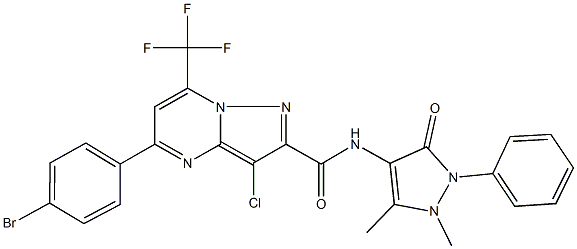 5-(4-bromophenyl)-3-chloro-N-(1,5-dimethyl-3-oxo-2-phenyl-2,3-dihydro-1H-pyrazol-4-yl)-7-(trifluoromethyl)pyrazolo[1,5-a]pyrimidine-2-carboxamide Struktur