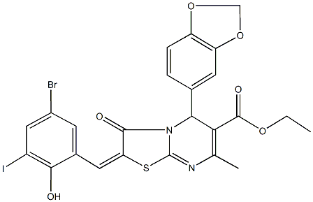 ethyl 5-(1,3-benzodioxol-5-yl)-2-(5-bromo-2-hydroxy-3-iodobenzylidene)-7-methyl-3-oxo-2,3-dihydro-5H-[1,3]thiazolo[3,2-a]pyrimidine-6-carboxylate Struktur