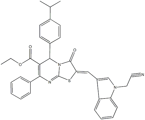 ethyl 2-{[1-(cyanomethyl)-1H-indol-3-yl]methylene}-5-(4-isopropylphenyl)-3-oxo-7-phenyl-2,3-dihydro-5H-[1,3]thiazolo[3,2-a]pyrimidine-6-carboxylate Struktur