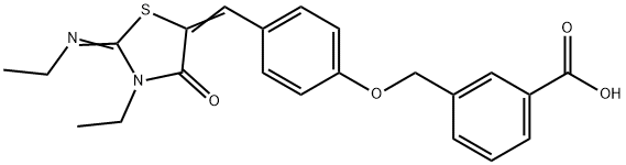 3-[(4-{[3-ethyl-2-(ethylimino)-4-oxo-1,3-thiazolidin-5-ylidene]methyl}phenoxy)methyl]benzoic acid Structure