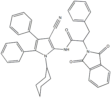 N-(3-cyano-1-cyclohexyl-4,5-diphenyl-1H-pyrrol-2-yl)-2-(1,3-dioxo-1,3-dihydro-2H-isoindol-2-yl)-3-phenylpropanamide Struktur