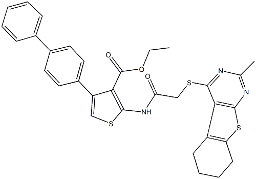 ethyl 4-[1,1'-biphenyl]-4-yl-2-({[(2-methyl-5,6,7,8-tetrahydro[1]benzothieno[2,3-d]pyrimidin-4-yl)sulfanyl]acetyl}amino)-3-thiophenecarboxylate Struktur