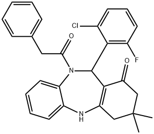 11-(2-chloro-6-fluorophenyl)-3,3-dimethyl-10-(phenylacetyl)-2,3,4,5,10,11-hexahydro-1H-dibenzo[b,e][1,4]diazepin-1-one Struktur