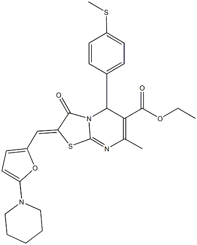 ethyl 7-methyl-5-[4-(methylsulfanyl)phenyl]-3-oxo-2-{[5-(1-piperidinyl)-2-furyl]methylene}-2,3-dihydro-5H-[1,3]thiazolo[3,2-a]pyrimidine-6-carboxylate Struktur